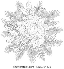 Festive Christmas bouquet of fir branches, poinsettia, pine cones, berries and bright leaves. Winter holiday illustration, Coloring page, black and white, line art, print and color, favorite holidays