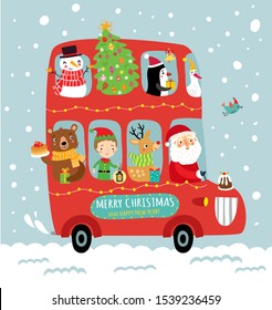 Festive Christmas bus with Santa and cute animals.