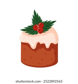 Festive Christmas cake topped with white icing, holly leaves and red berries in cartoon style. Ideal for holiday design, greeting card or seasonal culinary menu. Isolated on a white background.
