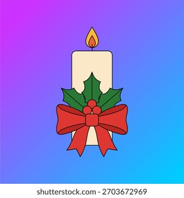 Festive Christmas candle vector featuring a glowing flame, holly leaves, red berries, and a decorative red bow. Clean lines and simple shapes, perfect for holiday cards and seasonal designs.