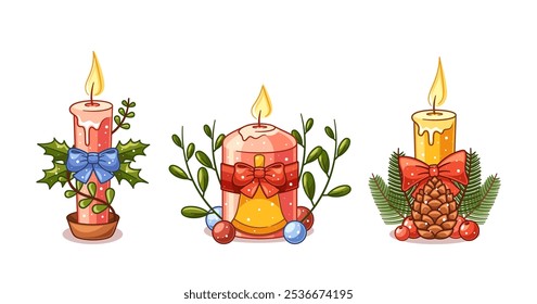 Festive Christmas Candles Elegantly Decorated With Colorful Ribbons And Greenery, Creating Inviting Holiday Atmosphere