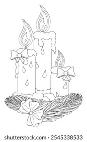 Festive Christmas candles with pine branches in a simple black and white style, ideal for holiday coloring pages and seasonal decorations.
