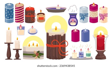 Festive Christmas candles set. Festive candles of different shapes and colors. Decorated candle. Illustrated vector clipart.