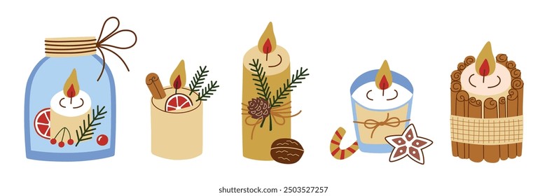 Festive Christmas candles vector illustrations set, decorated with natural pine, cinnamon, and orange. Perfect for holiday decor, greeting cards, and cozy winter designs. Cozy winter celebration