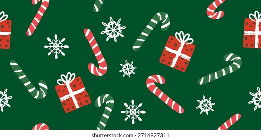 Festive Christmas Candy Cane and Gift Box Seamless Background