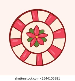 Festive Christmas Candy Cane Ornament With Poinsettia Design