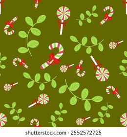 Festive Christmas Candy Cane and Peppermint Lollipop Pattern with Green Leafy Accents on a Holiday Green Background