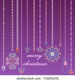 Festive christmas card with christmas decorations. Vector purple background.