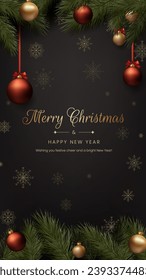 A festive Christmas card with a decorative design. Golden balls, black background, elegant luxury snowflakes, joyful and merry atmosphere. For holiday celebrations and greetings. Not AI generated.