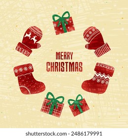 A festive Christmas card design featuring red mittens, stockings, gift boxes and a Merry Christmas message arranged in a circular pattern on a beige textured background with snowflakes. Vector format.