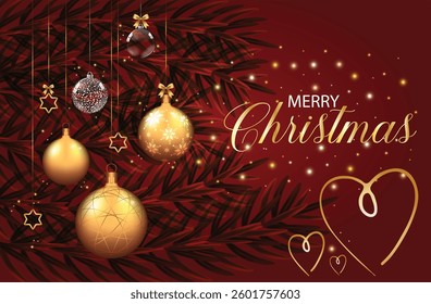 A festive Christmas card displaying dangling ornaments on a dark red backdrop with a tree branch.