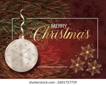 A festive Christmas card displaying dangling ornaments on a red backdrop with a tree branch.