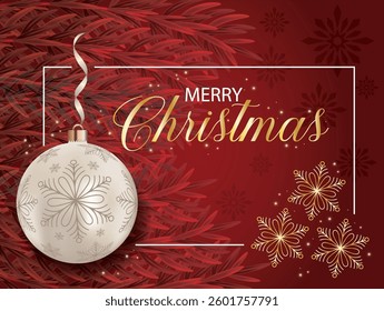 A festive Christmas card displaying dangling ornaments on a vibrant red backdrop with a tree branch.