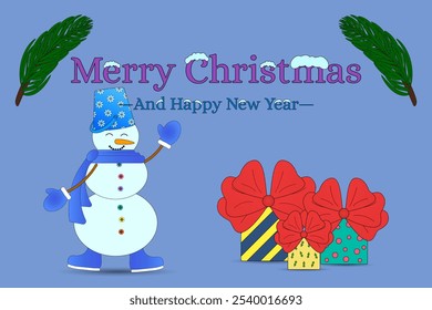 Festive Christmas card featuring a cheerful snowman with gifts and holiday decorations. Ideal for celebrating the season.