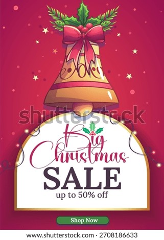 Festive Christmas card featuring a decorated bell with holly, a vibrant background, and a promotional sale message. Ideal for holiday greetings and seasonal marketing. Vector illustration
