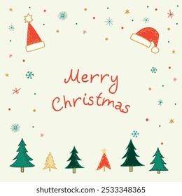 Festive Christmas card featuring the phrase Merry Christmas in red text, surrounded by Christmas trees, Santa hats, snowflakes, and stars. Perfect for spreading holiday cheer and seasonal greetings