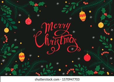 Festive Christmas card with fir tree and festive decorations balls, mistletoe, snowflakes and hand drawn Merry Chris. Christmas template for banner, ticket, leaflet, card, invitation, poster