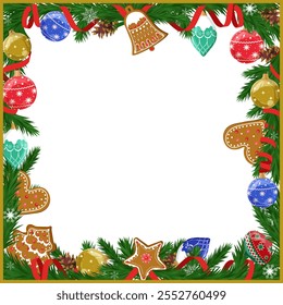Festive Christmas card with fir tree and festive decorations balls, gingerbreads, snowflakes on white background. Christmas template for banner, ticket, leaflet, card, invitation, poster and so on