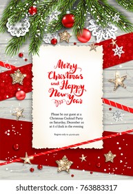 Festive Christmas card with fir tree and festive decorations balls, stars, snowflakes on wood background. Christmas template for banner, ticket, leaflet, card, invitation, poster and so on