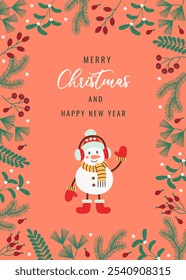 Festive Christmas card in flat style with cheerful snowman, holiday plants, and Merry Christmas and Happy New Year message. Perfect for holiday greetings, invitations, and seasonal decorations.