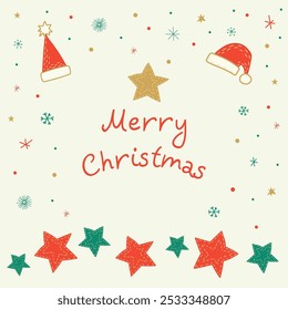 Festive Christmas card with Merry Christmas written in red text surrounded by Santa hats, snowflakes and stars. Perfect for holiday cheer and seasonal greetings.