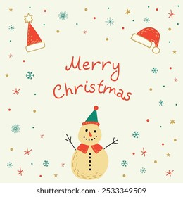 Festive Christmas card with Merry Christmas written in red text, surrounded by a snowman, Santa hats, snowflakes and stars. Perfect for holiday cheer and seasonal greetings.