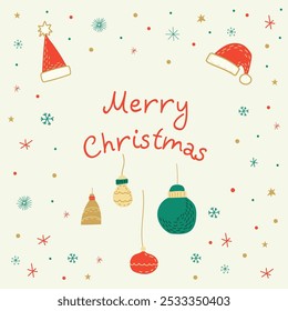 Festive Christmas card with Merry Christmas written in red text, surrounded by Christmas toys, Santa hats, snowflakes and stars. Perfect for holiday cheer and seasonal greetings.