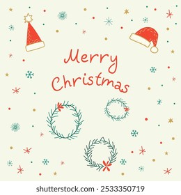 Festive Christmas card with Merry Christmas written in red text, surrounded by Christmas wreaths, Santa hats, snowflakes and stars. Perfect for holiday cheer and seasonal greetings.