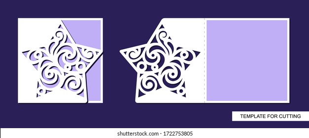 Festive Christmas card with an openwork star. A folding invitation or congratulation with a place for text (copy space). Template for laser plotter cutting of paper, cardboard. Vector illustration.