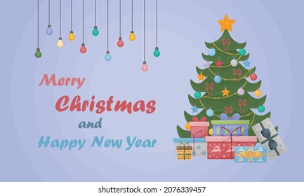 Festive Christmas card with a picture of a Christmas tree with gifts and colorful garlands. New Year greeting card. Print flyer, Vector illustration