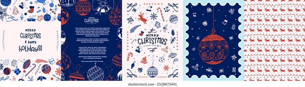 Festive Christmas Card Poster Greeting Cards in blue, red, and cream colors with hand drawn doodle Christmas ornament decorations in Scandinavian style. Merry Christmas and Happy Holiday greetings.