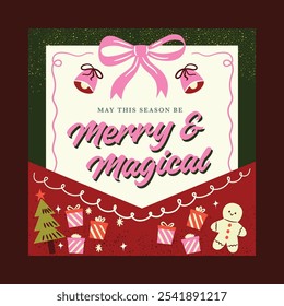 Festive Christmas Card Poster with Merry and Magical Message, Holiday Icons, and Decorative Border