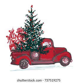 Festive Christmas card. Red truck with fir tree decorated red balls isolated on white background. Vector illustrations