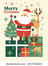 Festive Christmas card with Santa Claus, reindeer, decorated Christmas tree, and colorful gift boxes, surrounded by snowflakes and stars