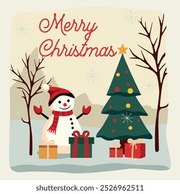 Festive Christmas card with a smiling snowman in a red scarf and hat standing next to a decorated Christmas tree with gifts. Merry Christmas is written at the top in red letters.