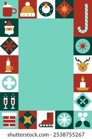 Festive Christmas Card Template with Colorful Border and Icons for Holiday Greetings Vector Illustration