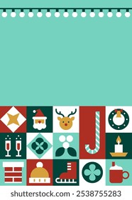 Festive Christmas Card Template with Colorful Border and Icons for Holiday Greetings Vector Illustration