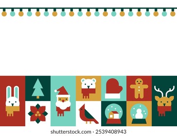 Festive Christmas Card with White Background, String Lights, and Cute Holiday Icons in Simple Retro Style Vector Illustration