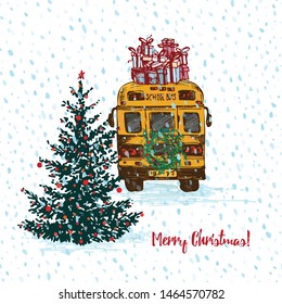 Festive Christmas card. Yellow school bus with fir tree decorated red balls and gifts on roof. White snowy seamless background and text Merry Christmas. Vector illustrations