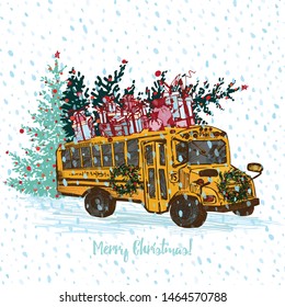 Festive Christmas card  Yellow school bus and fir tree decorated red balls   gifts roof  White snowy seamless background   text Merry Christmas  Vector illustrations