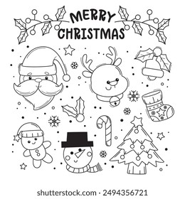 Festive Christmas cartoon vector illustration featuring adorable characters including Santa Claus isolated on white background, Perfect for children's coloring books, decorations, and creative designs