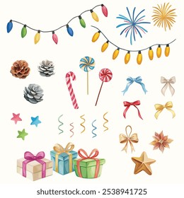 Festive Christmas celebration elements with bows, pine cones, presents, stars, fireworks, candies, and lights. Ideal for holiday decorations and seasonal designs.