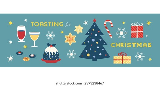 Festive Christmas celebration vector cute design elements. Christmas Tree, drink, sweet food, Toasting Christmas fancy letters. Bar, restaurant menu entertainment event greeting banner background