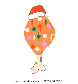 A festive Christmas chicken leg in a Santa hat and garland. Vector