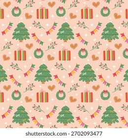 Patrón sin fisuras de Navidades festivas para niños con una caja de regalo, corona, bayas y corazones de pan de jengibre para decoración navideña o papel de regalo. Vector.