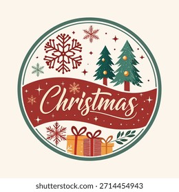 Festliches Weihnachtskreisdesign - Bäume, Geschenke, Schneeflocken und Skripttypografie