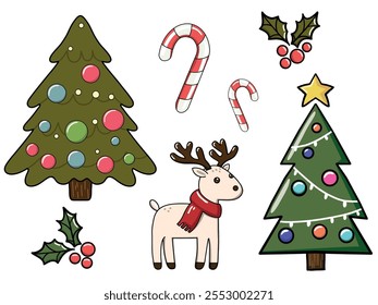 Festive Christmas clipart set with trees, reindeer, candy canes, and holly. Perfect for holiday design