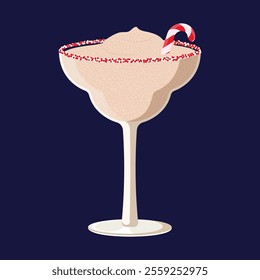 Festive Christmas cocktail illustration. Vector illustration of white frozen drink with candy cane.