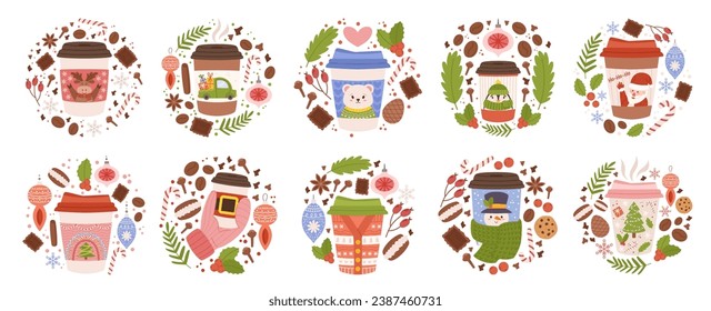 Festive Christmas Coffee Cups Collection, Adorned With Holiday Motifs like Santa, Pine Tree, Ideal For Sipping Warm Cheer. Embrace The Spirit Of The Season With Every Sip. Cartoon Vector Illustration