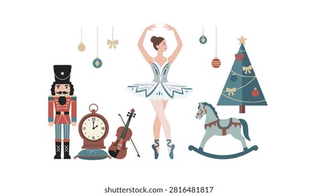 Festive Christmas collection with a ballerina dancing beside a toy soldier tree violin and rocking horse.